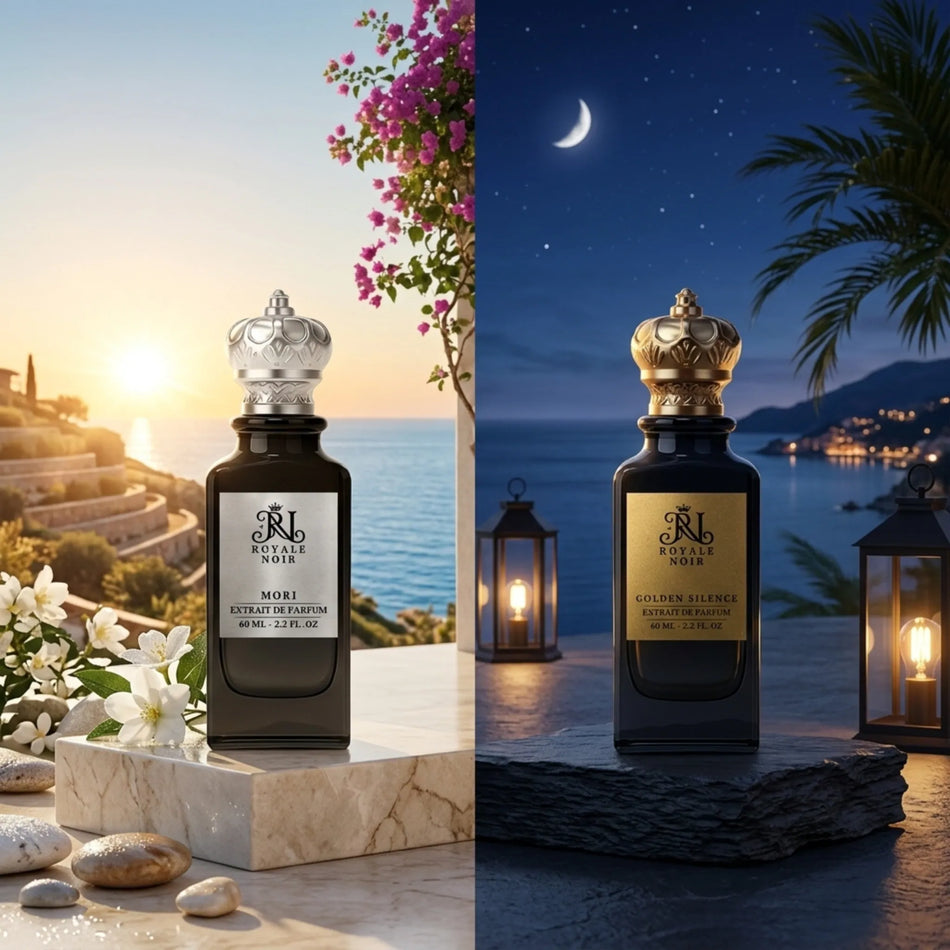 Two bottles of Royale Noir perfume with scenic backgrounds, one at sunset and one at night.
