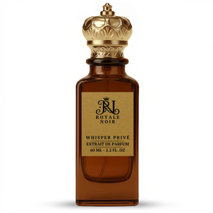 Brown perfume bottle labelled 'Royale Noir Whisper Prive'  with gold cap on a white background