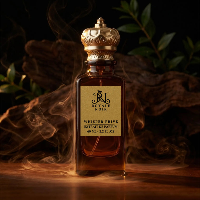 Perfume bottle labeled 'Royale Noir Whisper Prive' with smoke effect on a dark background