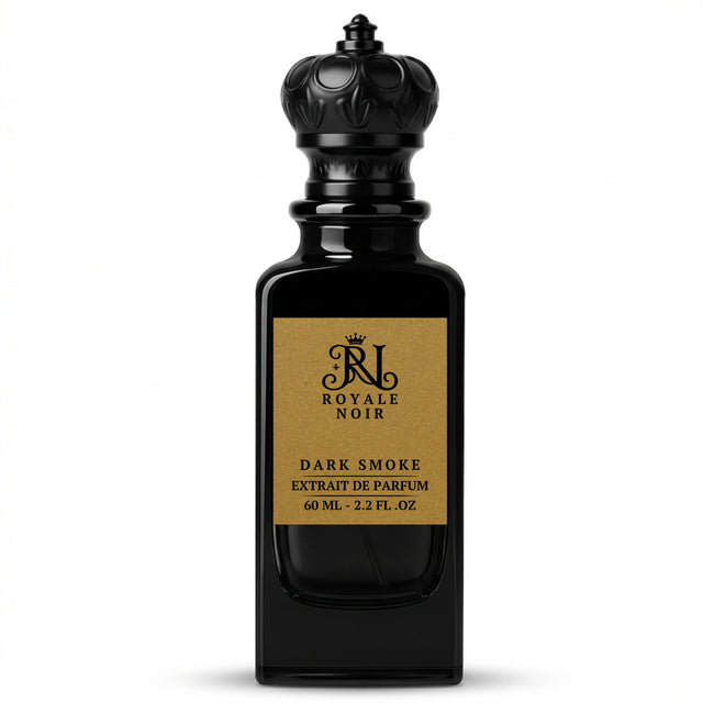 Dark Smoke Extrait De Parfum by Royale Noir – Elegant Fragrance in Black Bottle With Gold Label And Black Crown Cap.