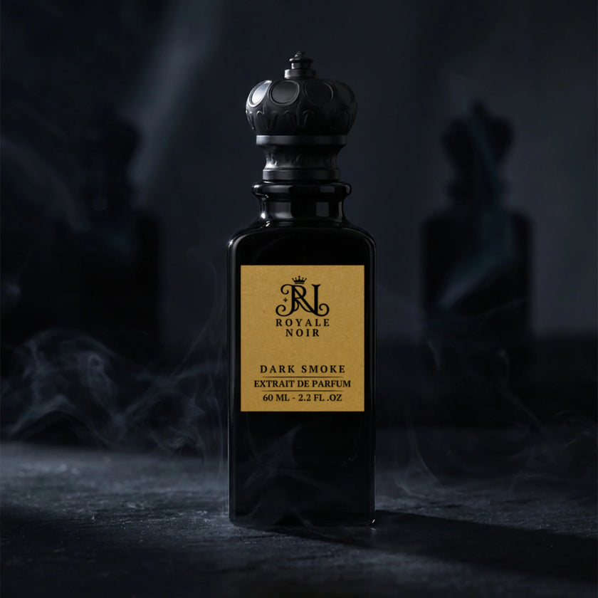 Perfume bottle labeled 'Royale Noir Dark Smoke' with a dark background