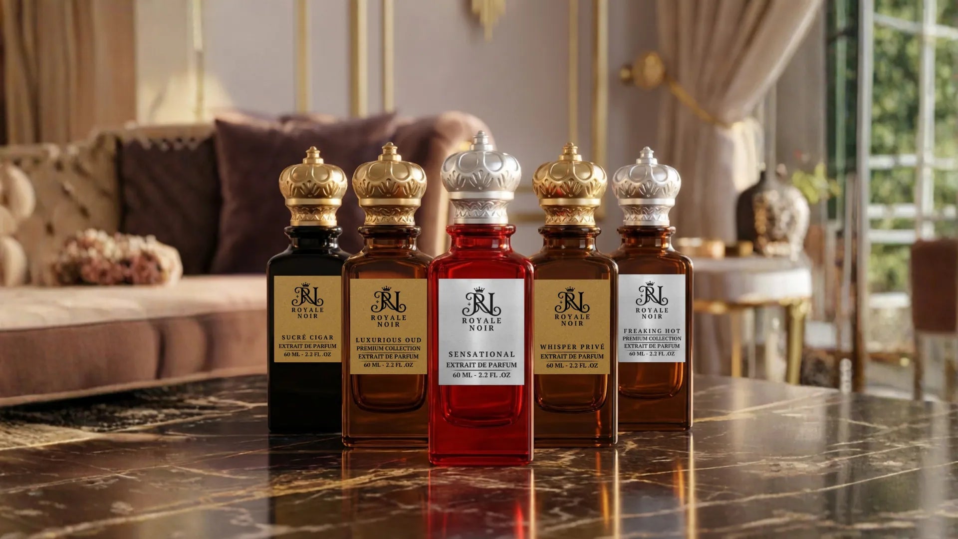 Five bottles of royale noir luxury perfumes with gold and silver caps on a marble with a luxurious interior background.