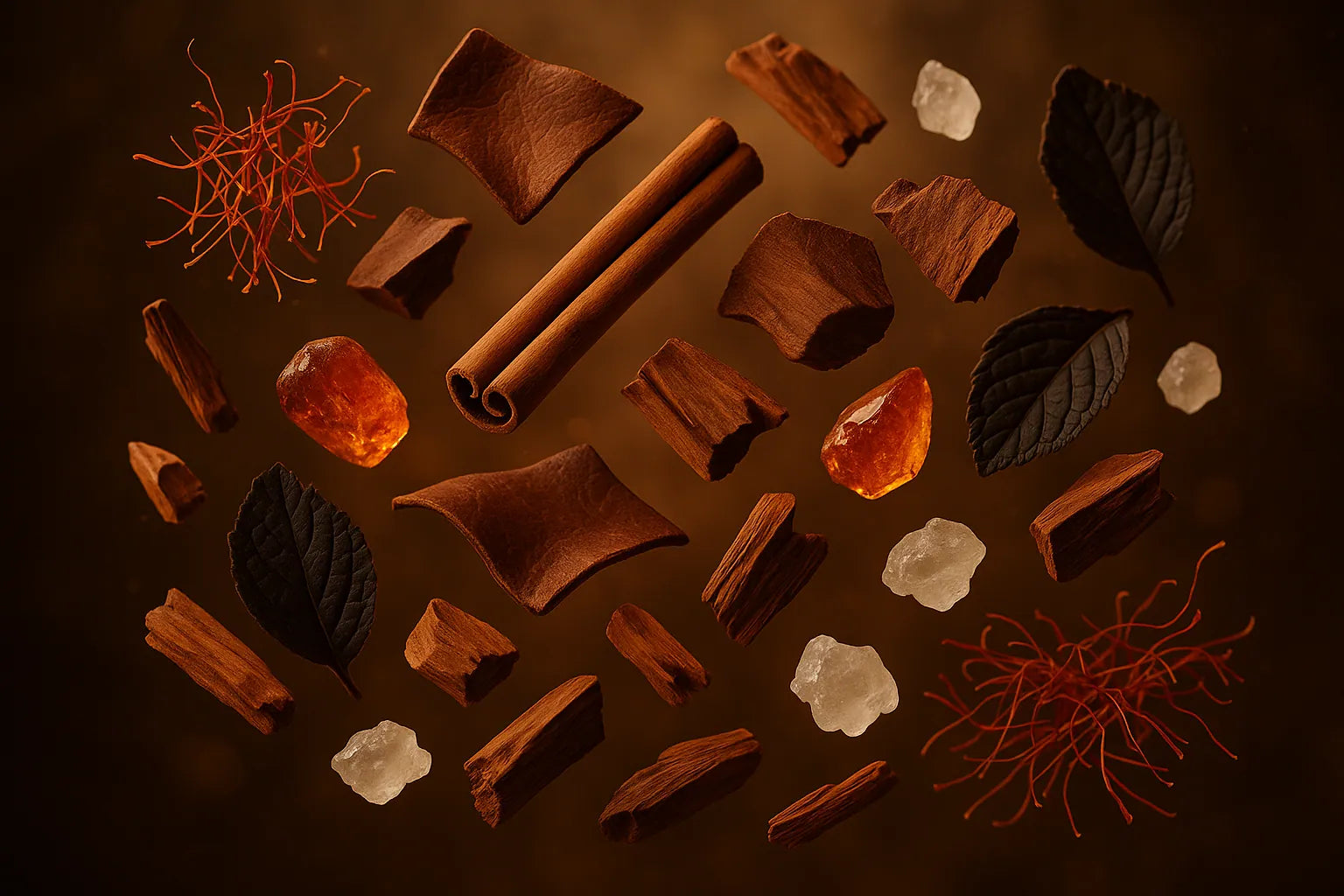 Spices and herbs including cinnamon sticks, star anise, and ginger on a dark background