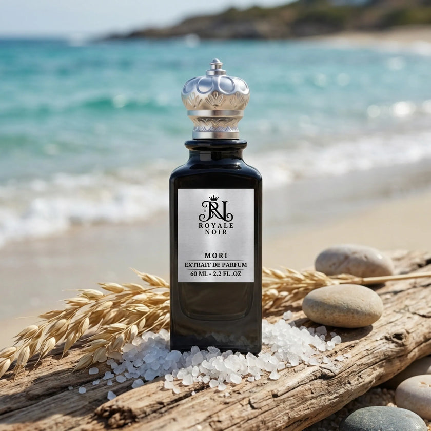 A black perfume bottle labeled 