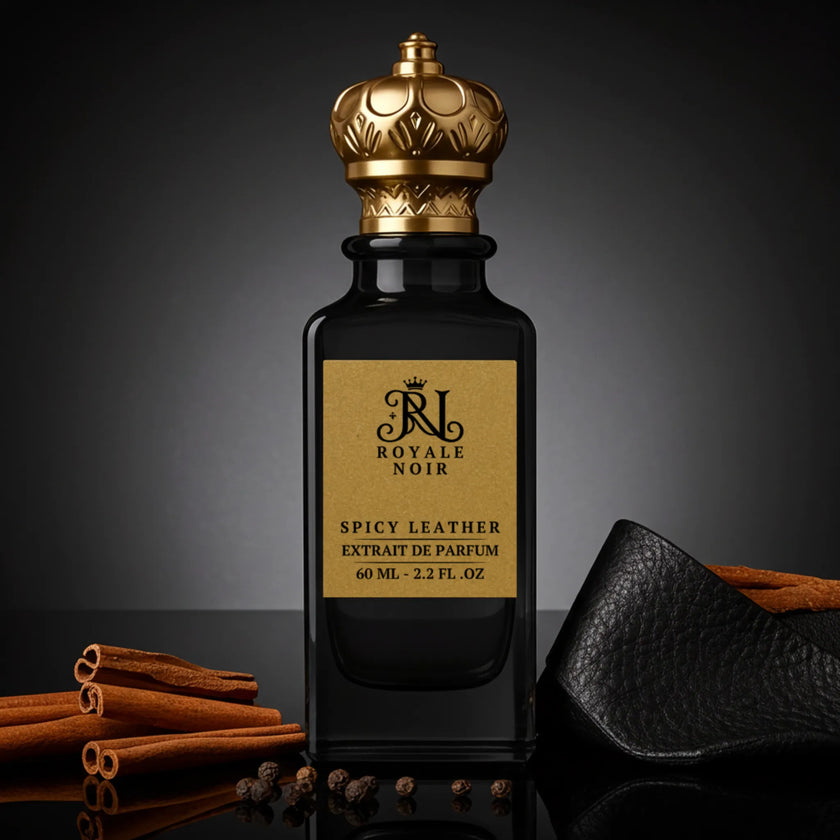 Perfume bottle labeled 'Royale Noir spicy leather' with a gold cap, cinnamon sticks, and a leather pouch on a dark background.