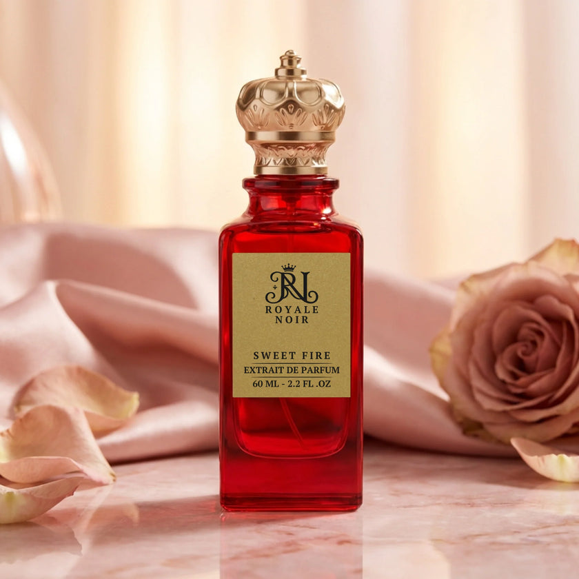 Red perfume bottle labelled ' Royale Noir Sweet Fire' with gold cap on a pink fabric background